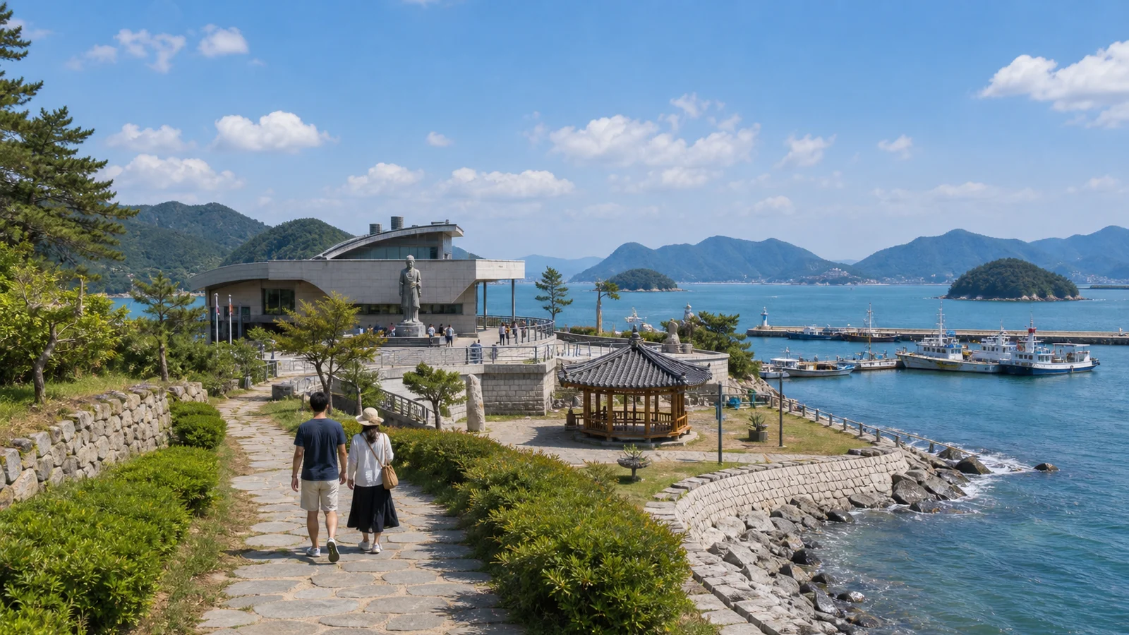 장보고기념관과 완도 항구 풍경을 함께 걷는 여행객