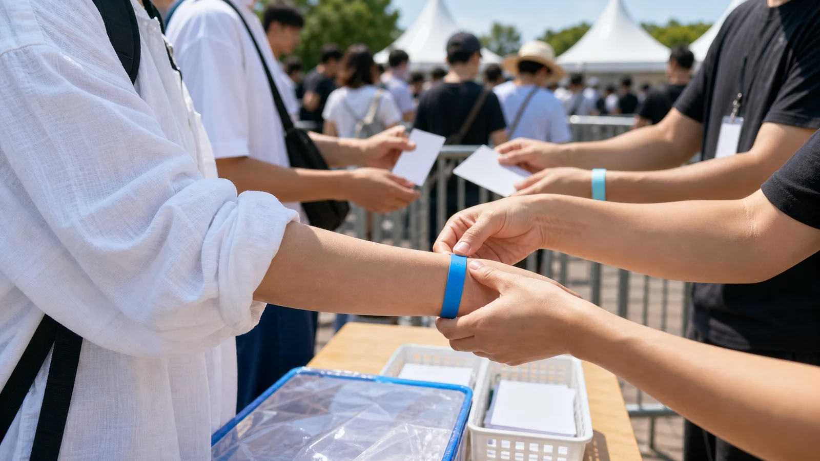 워터밤 입장 팔찌와 티켓 확인 분위기