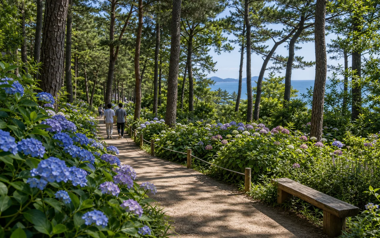 Forest path and summer hydrangeas in Chollipo Arboretum