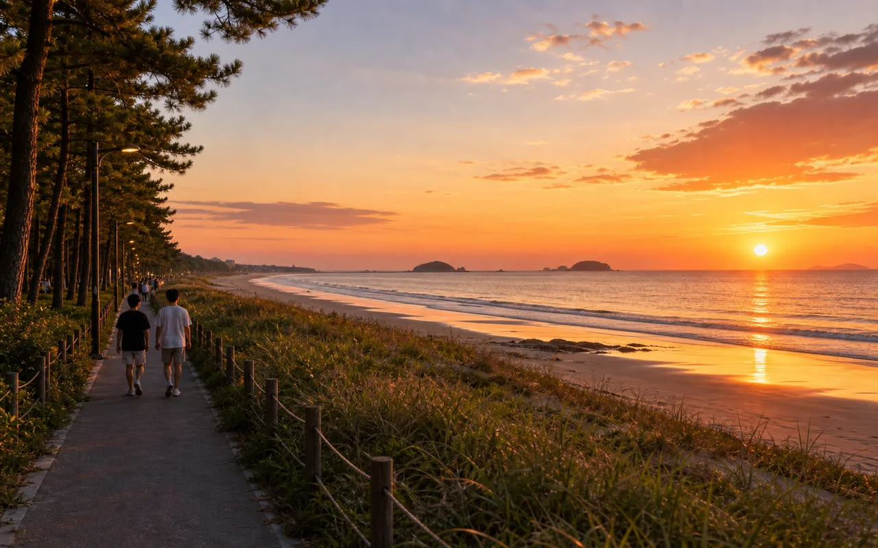 Taean West Coast beach promenade and sea reflecting the sunset