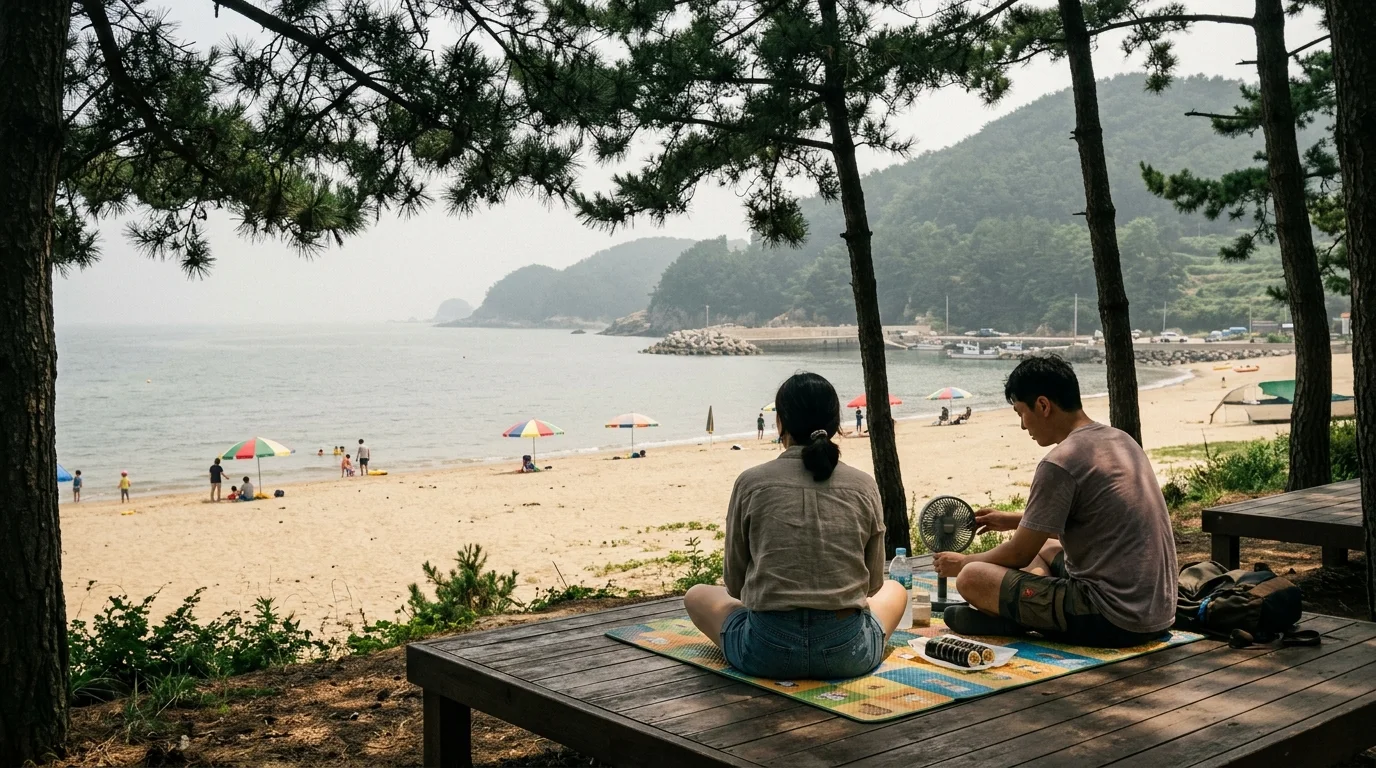 해변 뒤 숲 그늘 여름 풍경