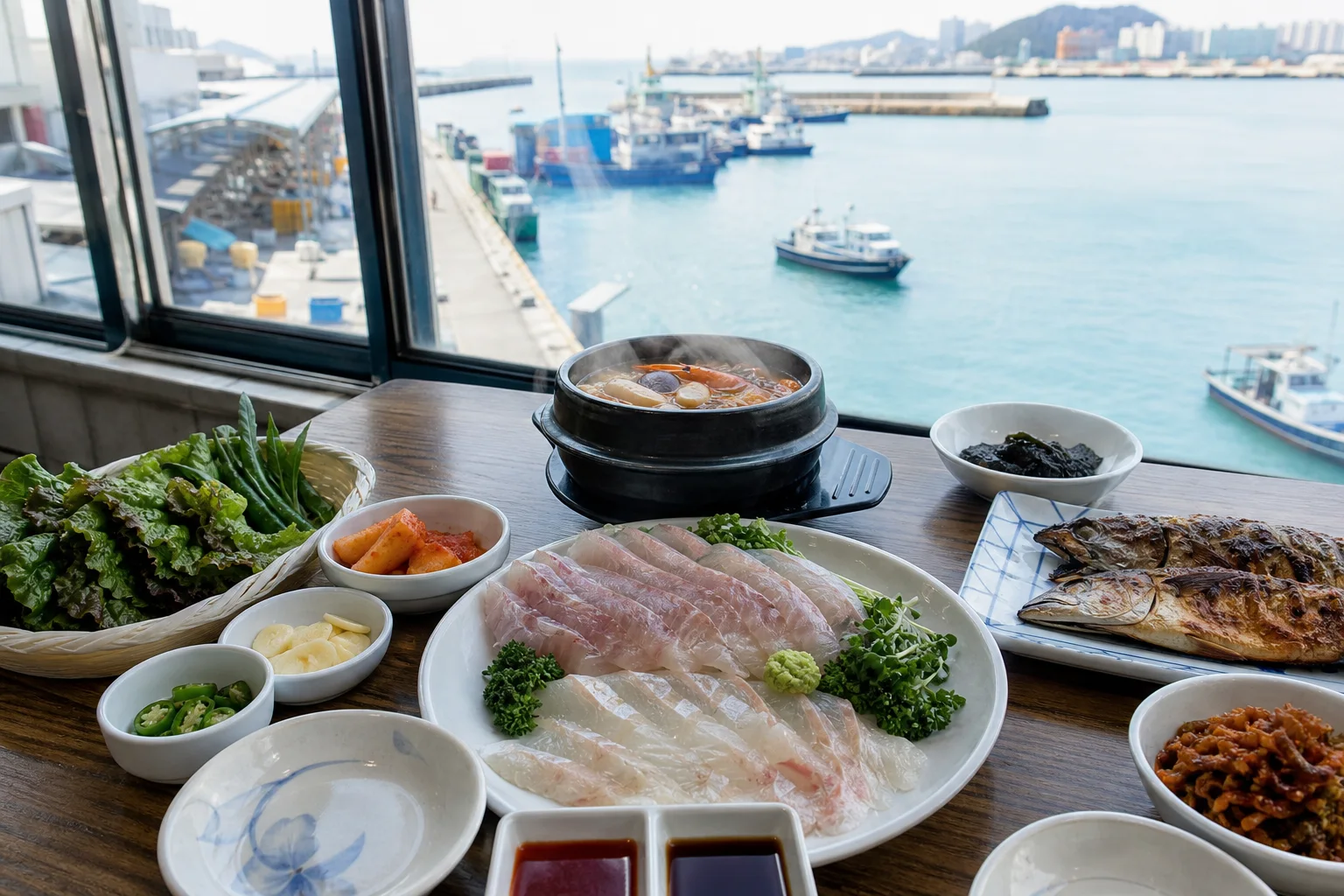 항구 전망이 보이는 자갈치시장 식사 상차림