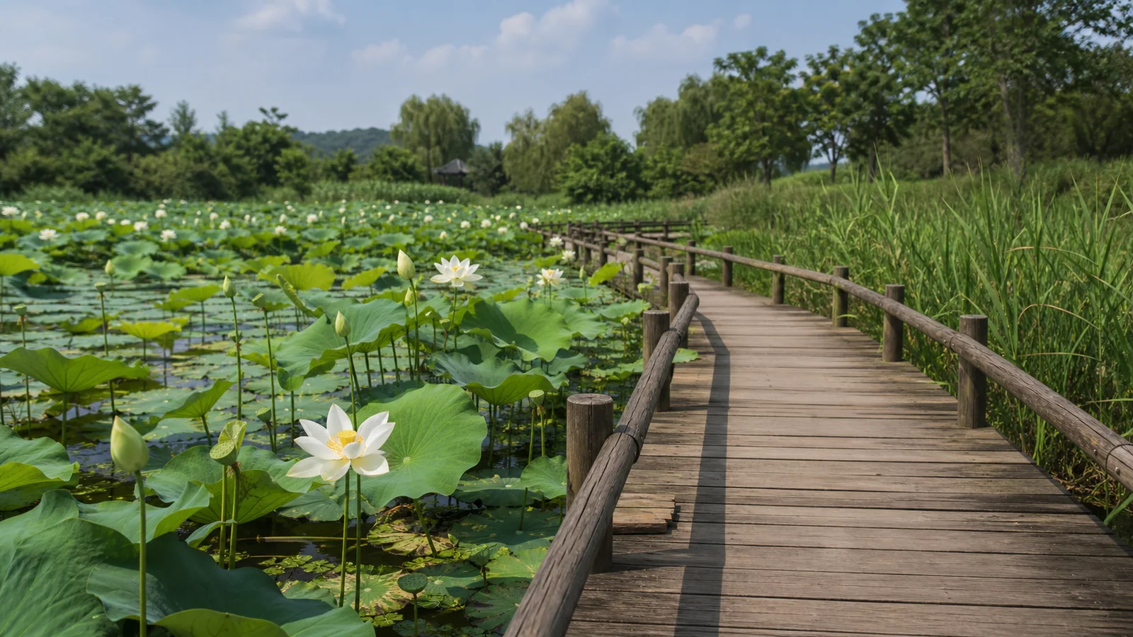 백련지 옆 목재 산책 데크와 흰 연꽃