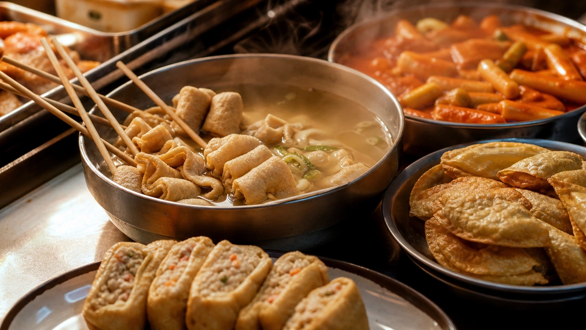 어묵 국물과 떡볶이 만두가 차려진 부산 시장 분식 조리대