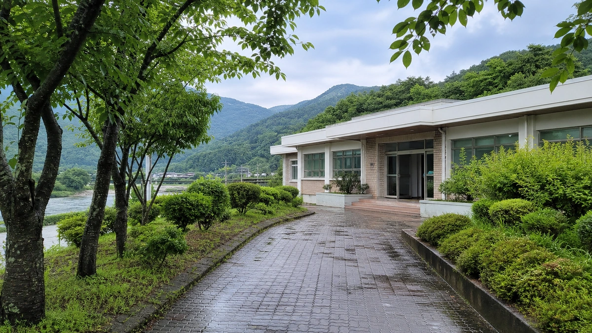 비가 갠 뒤 산과 나무 사이로 이어지는 농촌 문화센터 진입로