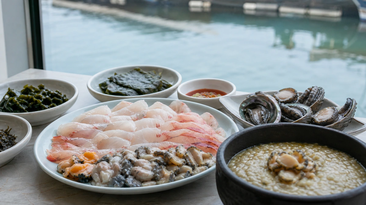 기장 연화리 포구를 배경으로 차린 생해산물과 전복죽 상차림