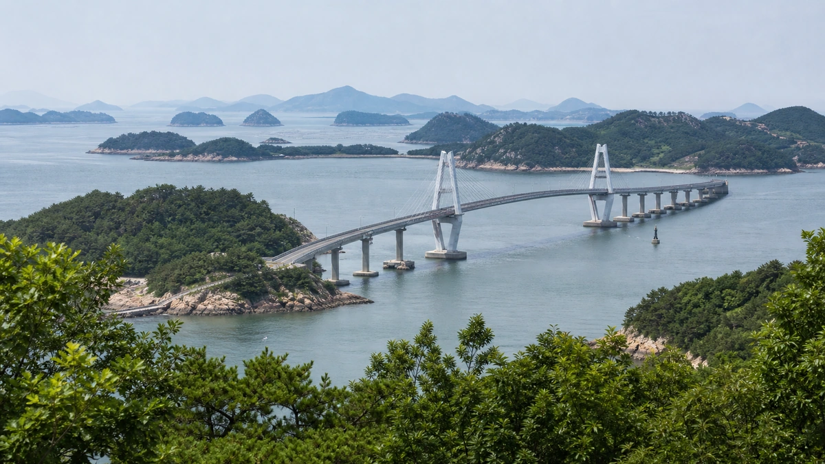 고군산대교와 겹겹이 놓인 여름 섬을 숲 사이에서 바라본 장면