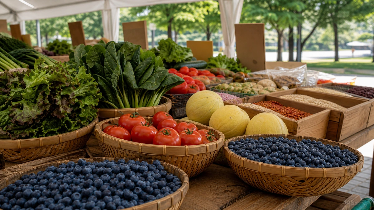공주 바로마켓 천막 아래 바구니에 담긴 블루베리와 토마토 등 여름 농산물