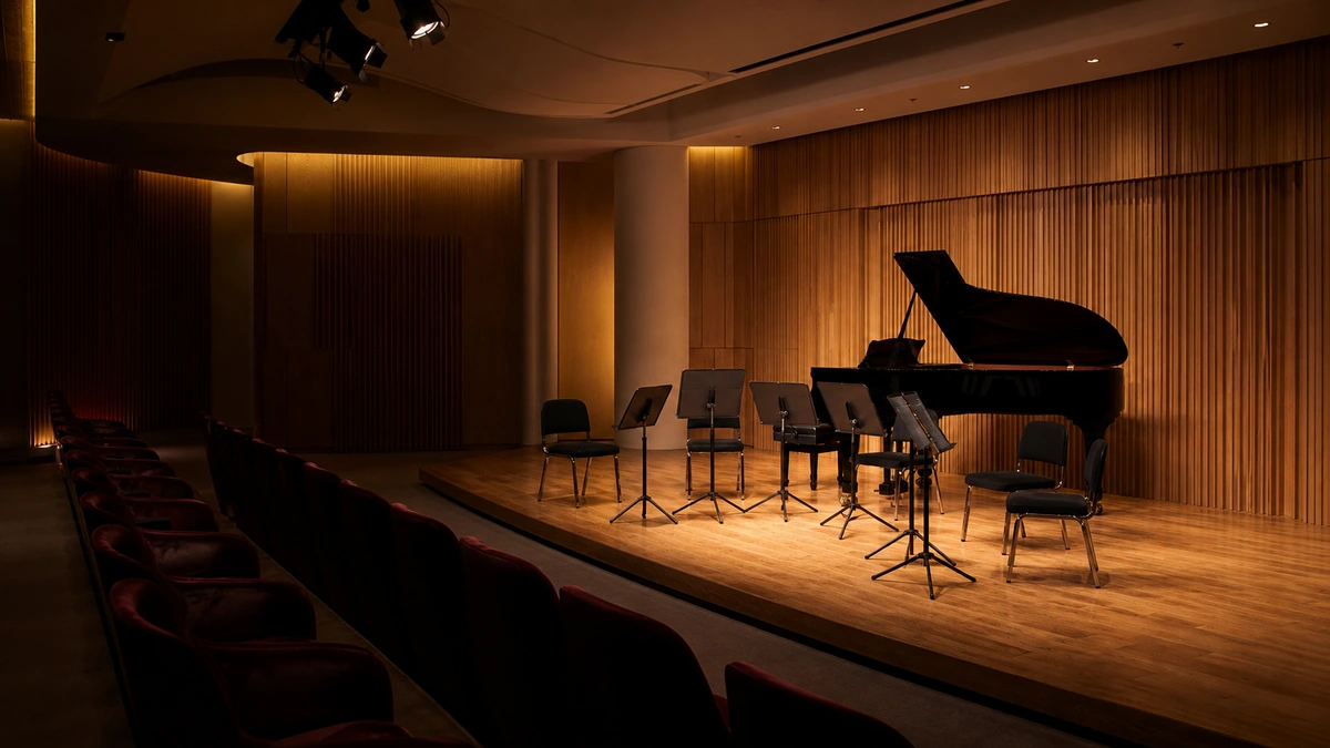 서초 소규모 공연장의 빈 실내악 무대와 객석