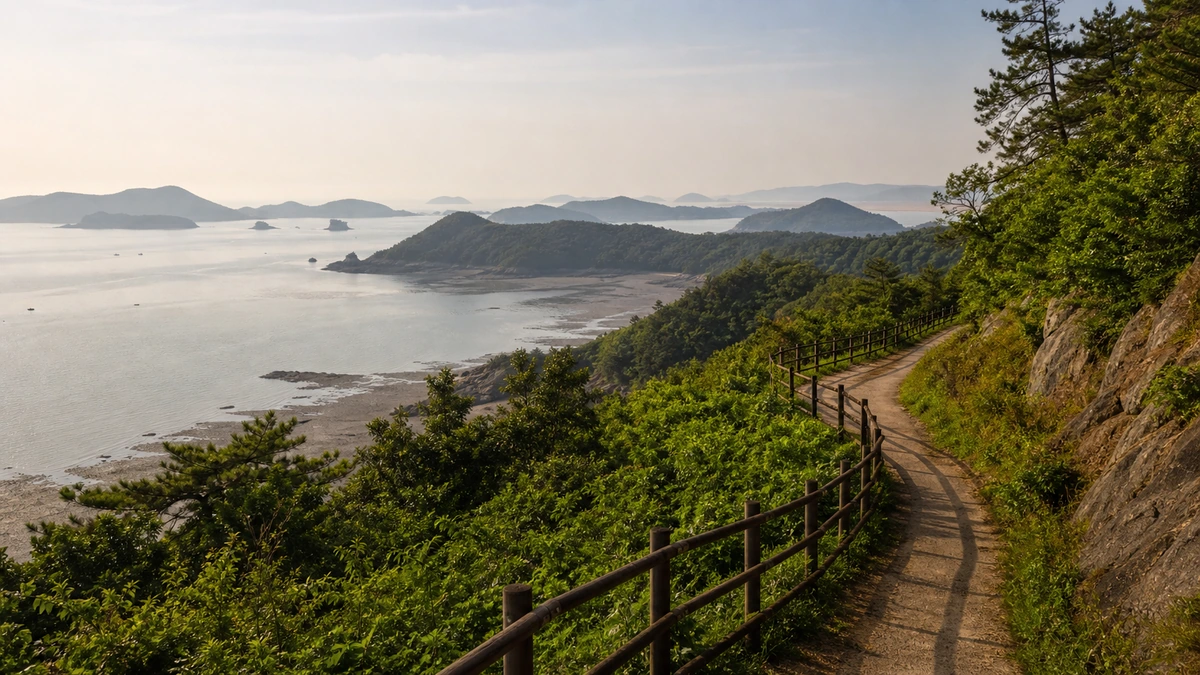 군산 장자도와 대장도 해안의 굽은 산책로 아래로 펼쳐진 다도해
