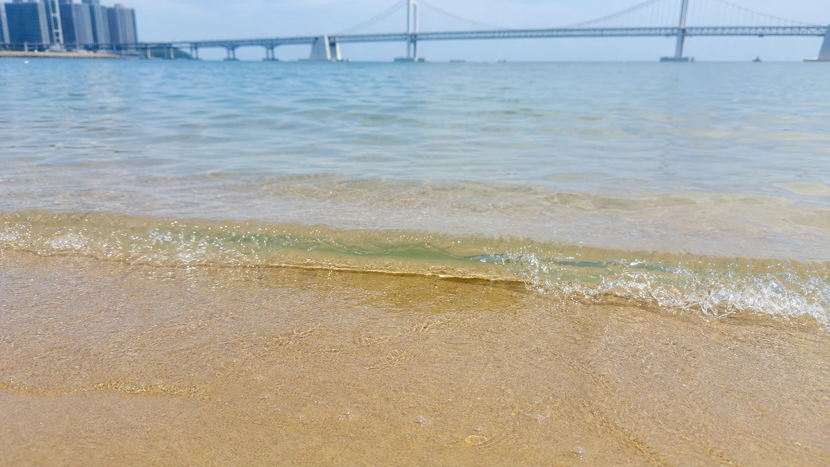 광안리해수욕장 고운 모래 위로 들어오는 잔잔한 여름 파도