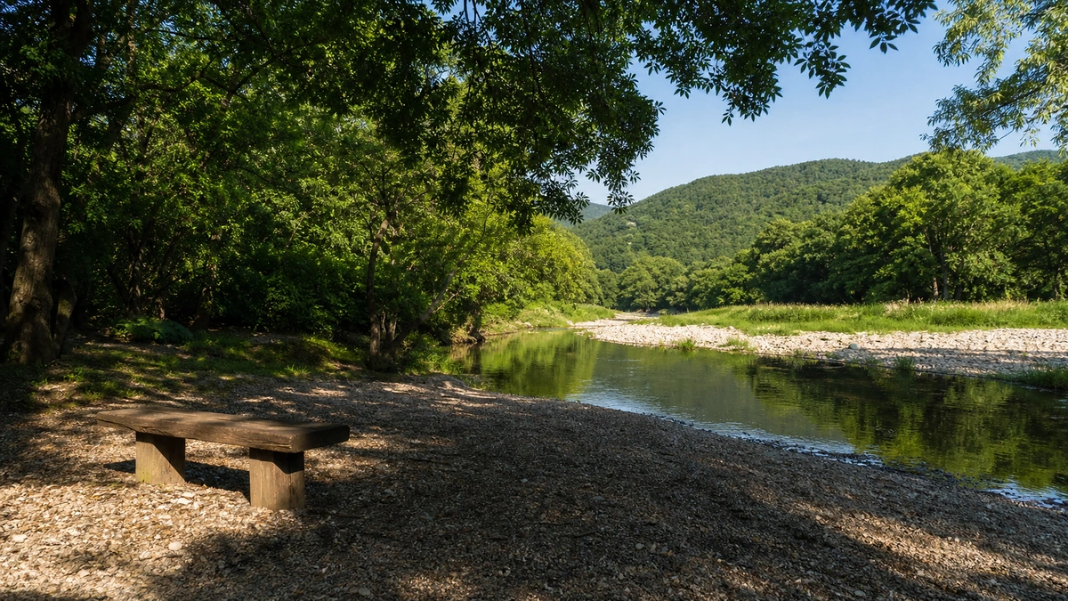 경주 산내 동창천의 자갈 물길과 낮은 산, 큰 나무 아래 빈 휴식 공간