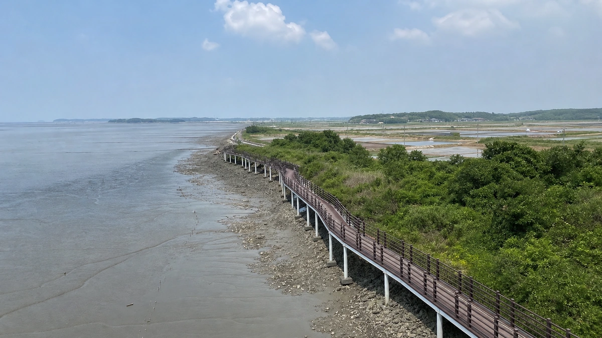 화성 황금해안길 2코스에서 갯벌과 염전 사이로 이어지는 해상데크 전경