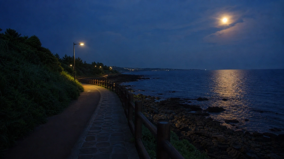 한라산에서 제주 해변으로 이어지는 여름밤 해안 산책로와 검은 현무암 해안, 달빛과 낮은 조명이 보이는 이동 동선