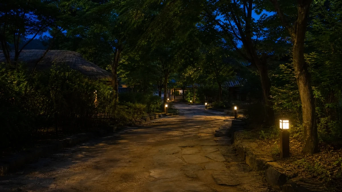 용인 한국민속촌의 해 질 무렵 조명이 켜진 여름 보행로