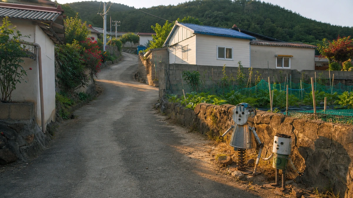 남해 갈현동화마을 장미와 텃밭 사이 굽은 골목의 정크아트 조형물