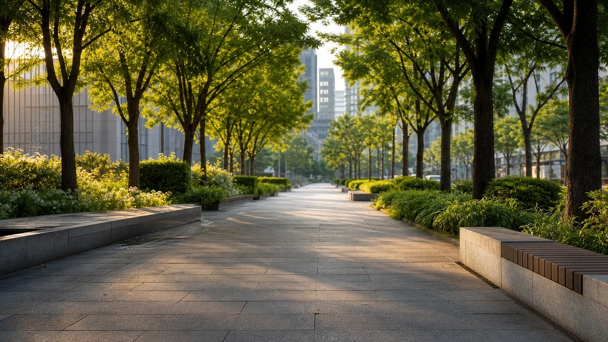 서울 청계천의 여름 식생과 물결 옆으로 이어지는 빈 산책로