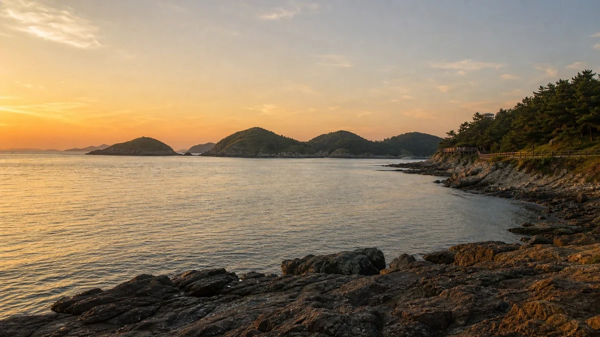 군산 고군산군도 바위 해안에서 바라본 여름 석양과 섬 능선