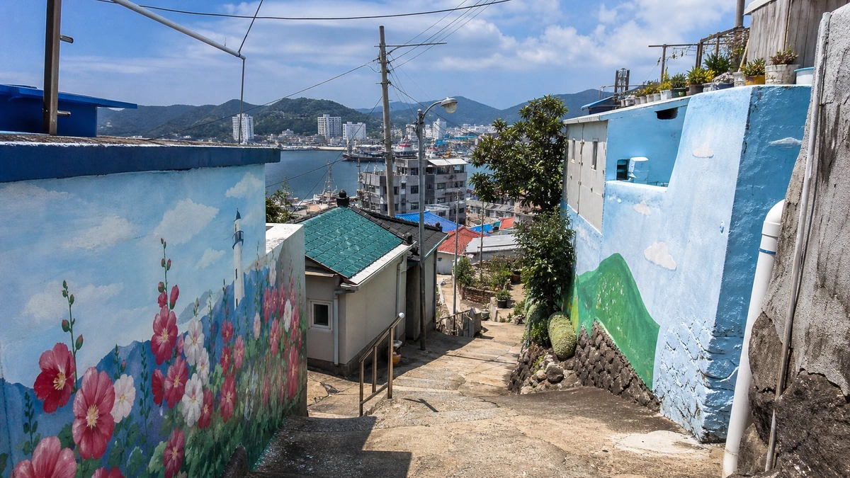통영 동피랑 언덕 마을의 벽화 골목과 항구로 이어지는 계단 접근 동선