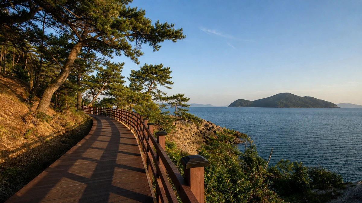 통영 이순신공원 소나무와 해안 데크, 한산도 방향 바다