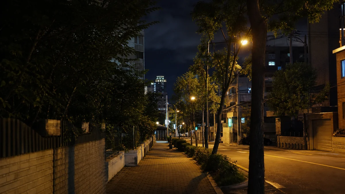 서울 주거·상업 혼합 거리의 습한 열대야 밤 풍경