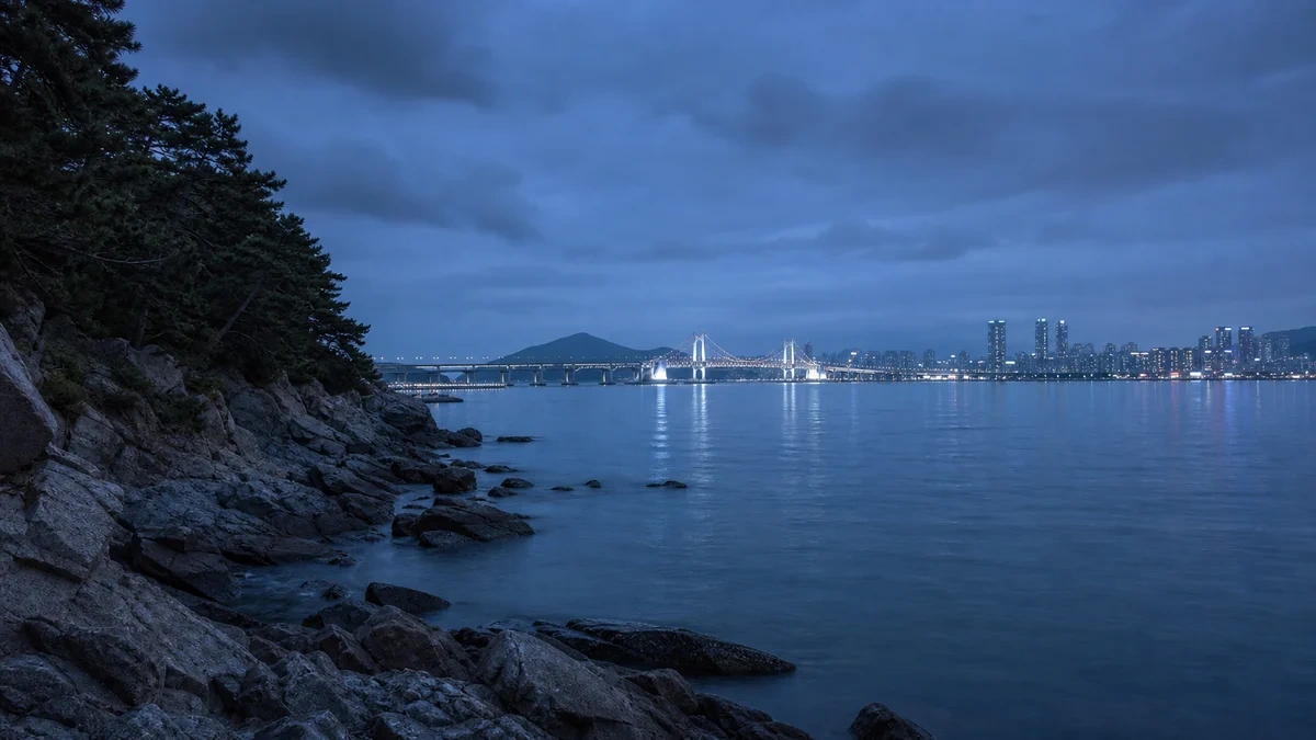 부산 암남공원 해안의 바위와 낮은 해안 숲, 초저녁 푸른빛 속 남항대교와 부산 해안 도시 불빛