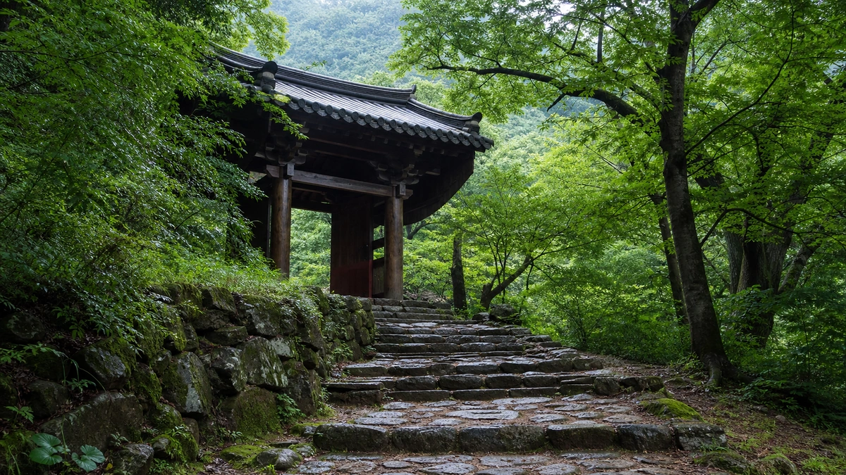천안·아산 충남 산지 사찰 접근로의 돌계단과 목조문