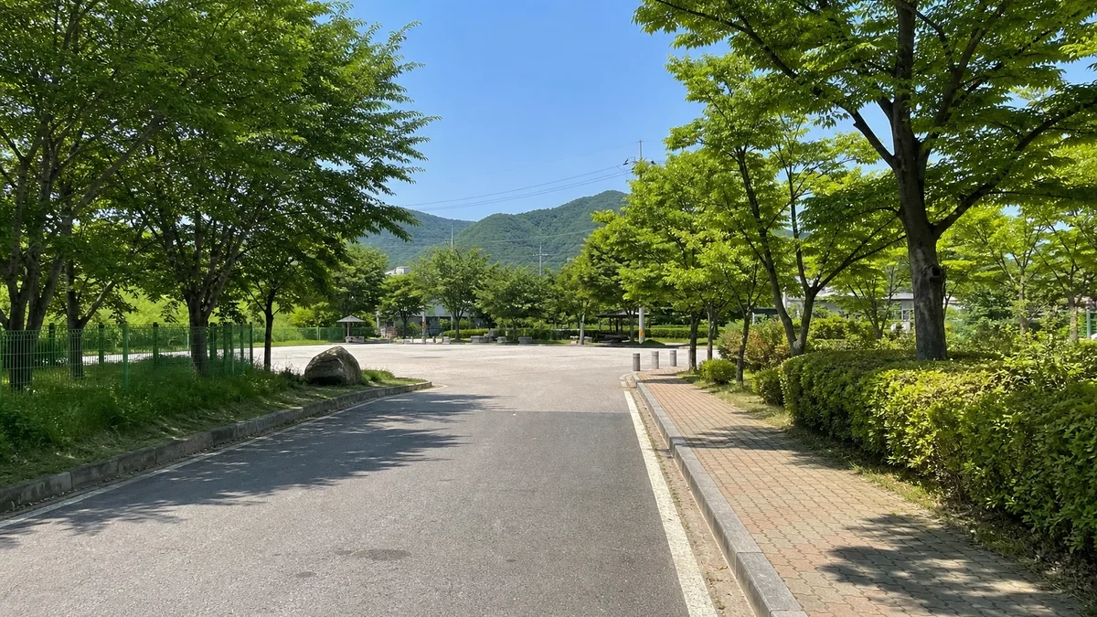 나무 그늘과 포장도로가 이어지는 공원 접근 동선