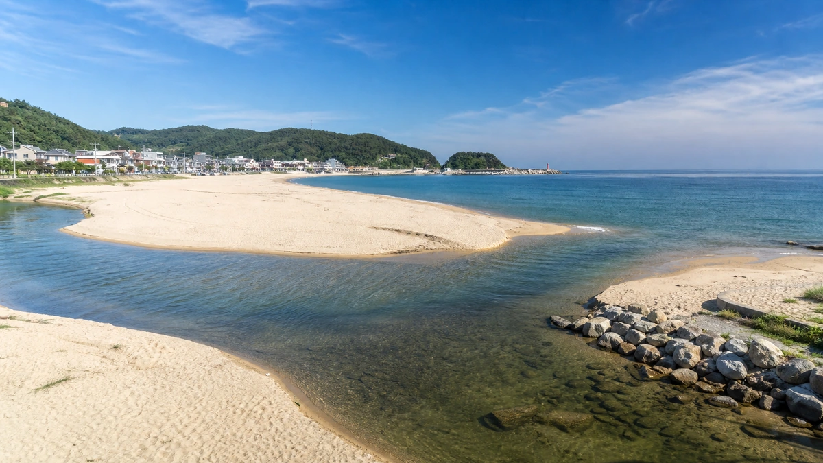 영덕 대진해수욕장 백사장과 송천이 바다로 이어지는 낮 풍경