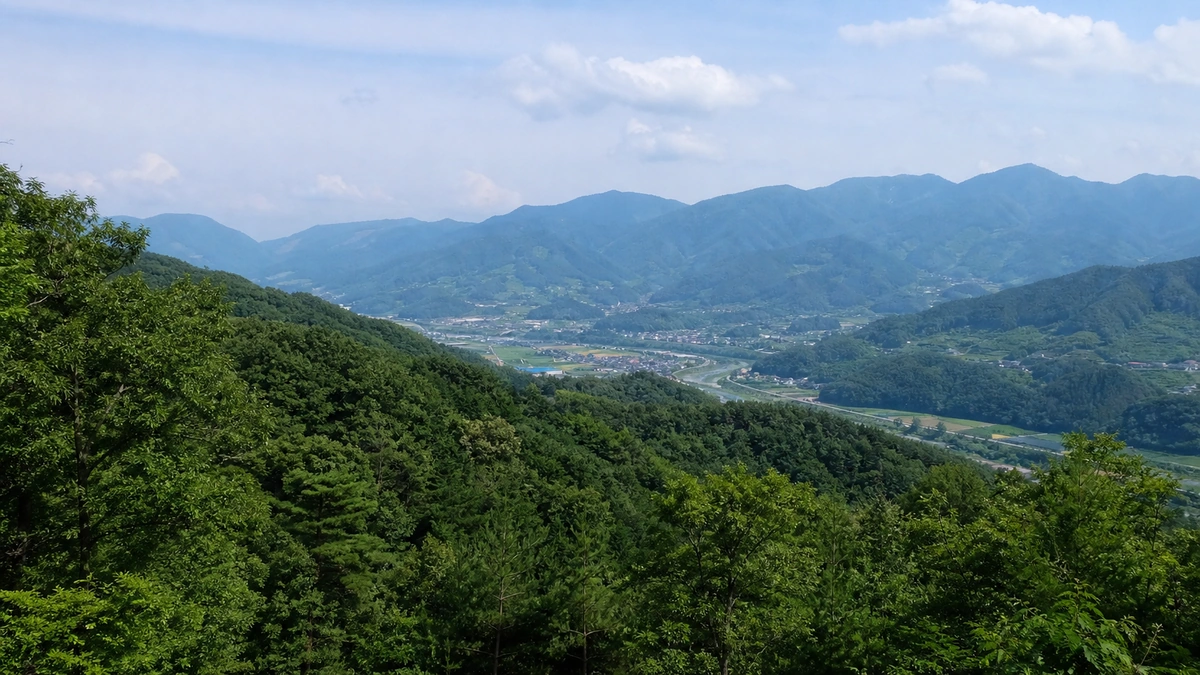 향로산 전망 지점에서 바라본 무주읍과 겹겹의 산 능선