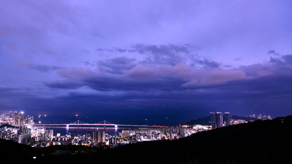 광안리 해변 도시 거리와 야간 불빛이 함께 보이는 장면