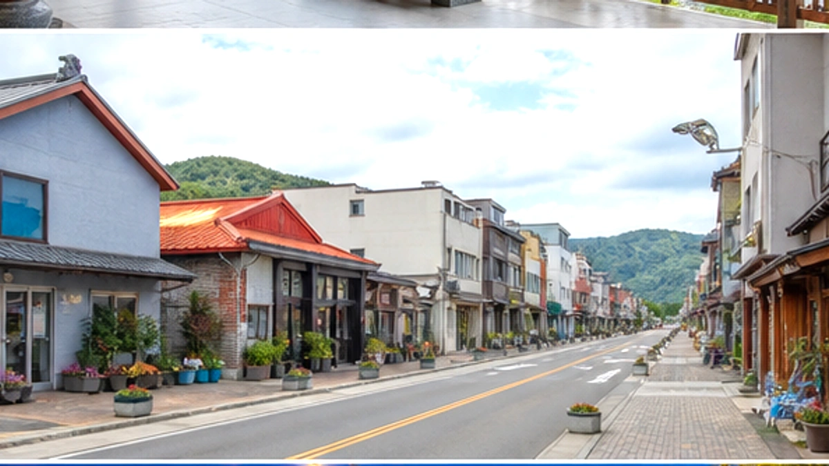 상점가 거리와 산 배경이 이어지는 한낮 동선