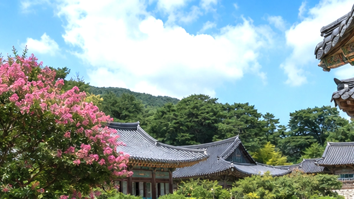 송광사 정원과 배롱꽃, 한옥 지붕과 하늘이 보이는 밝은 전경