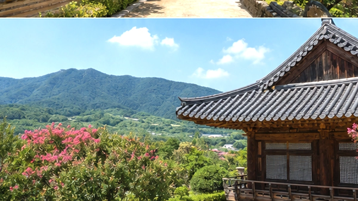 산 능선과 지붕선, 배롱꽃이 함께 보이는 문화유산 원경