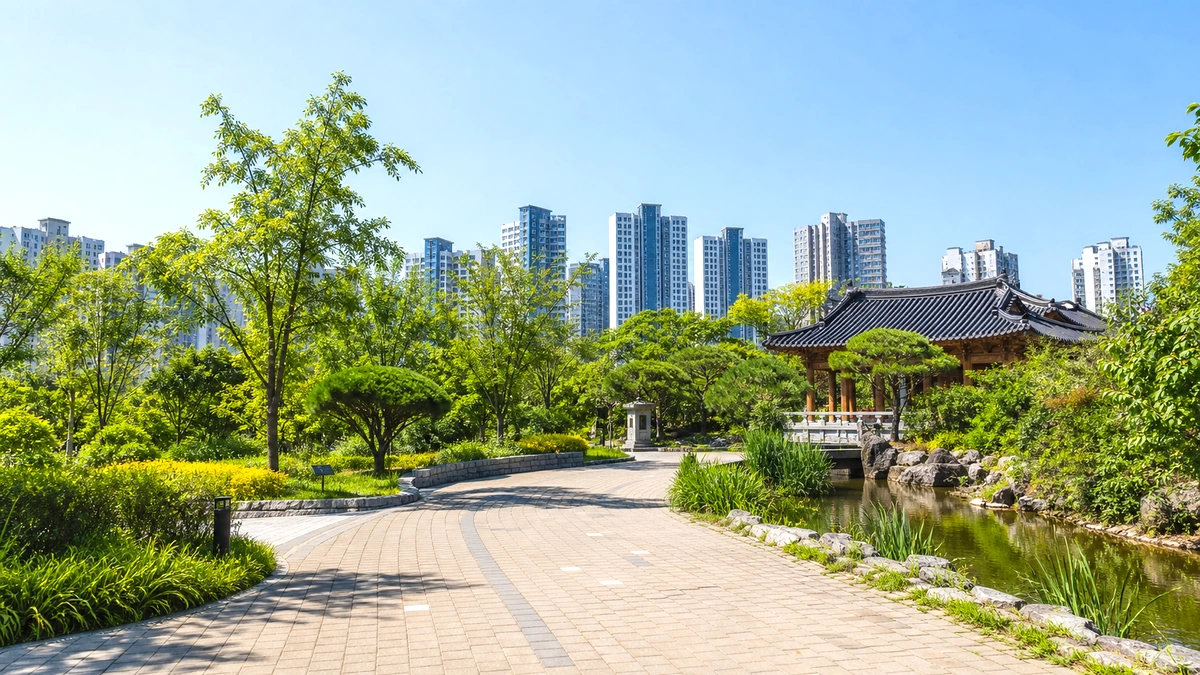 여름 정원의 그늘 벤치와 물가