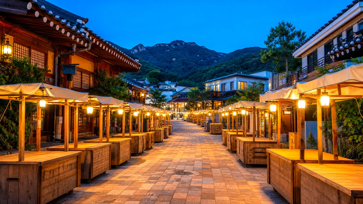 밝은 블루아워 탄광마을 밤거리