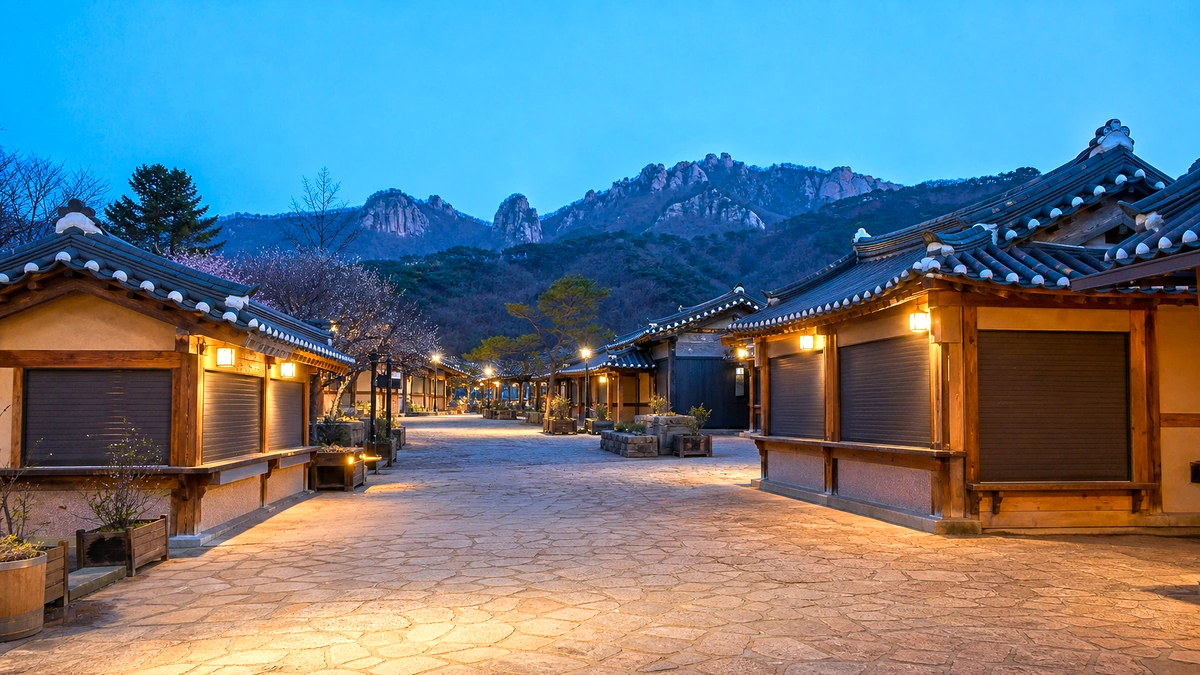 산간 도시 광장과 저녁 불빛