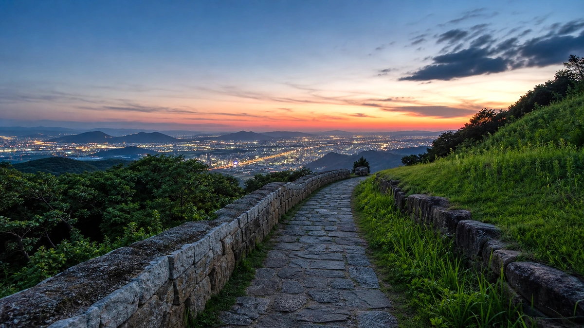 김해 분산성 여름밤 굽은 산책길과 불빛
