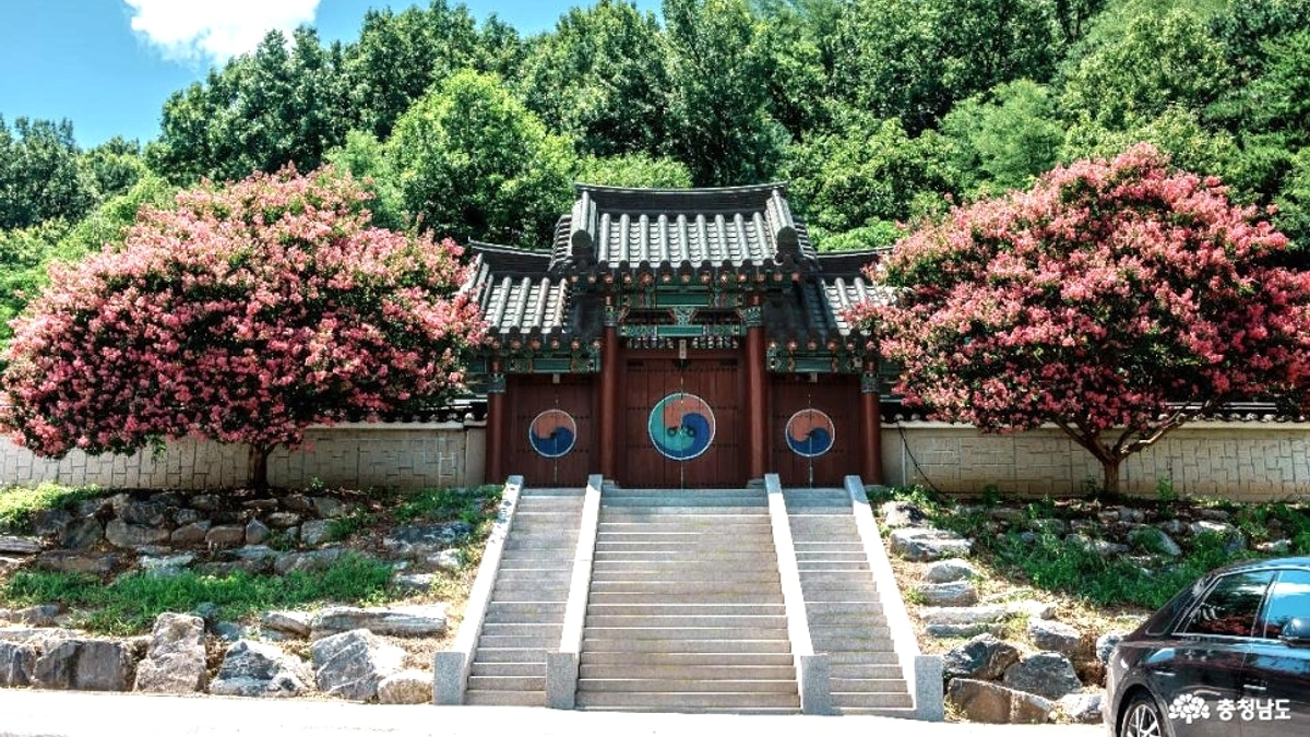 아산 모선사 사찰 건축과 붉은 배롱꽃 마당