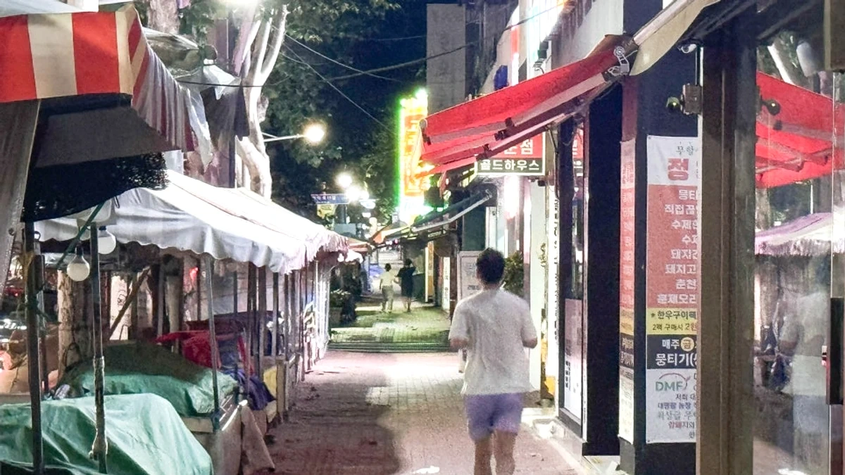 봉덕동 강아지런 코스 중 조명이 이어지는 도심 골목