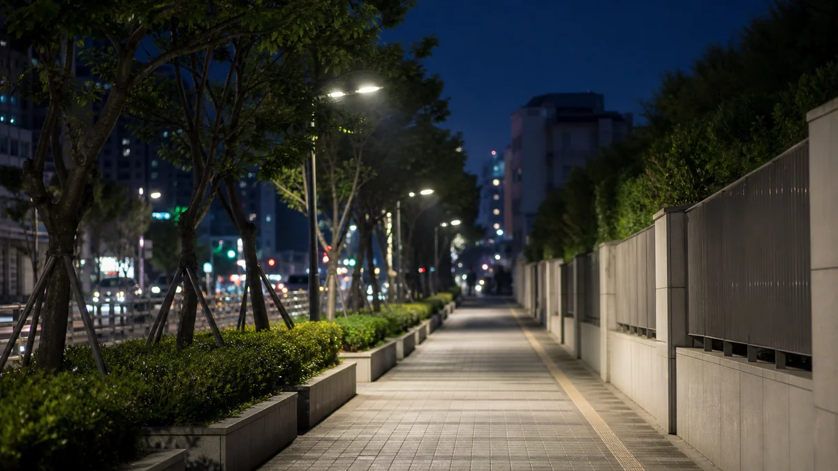 조명이 켜진 부산 도심 보행로의 늦은 여름밤