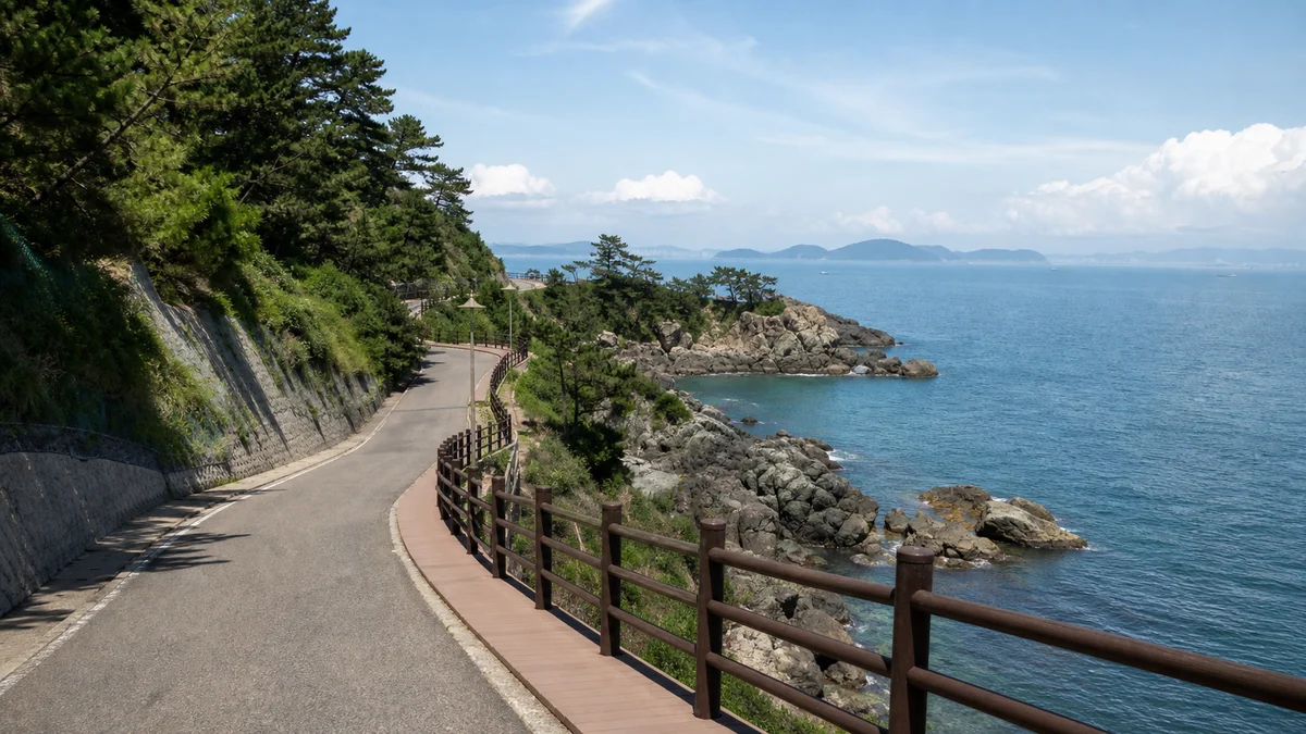 송도해수욕장에서 암남공원으로 이어지는 해안도로와 보행 데크, 소나무 절벽이 보이는 접근 동선