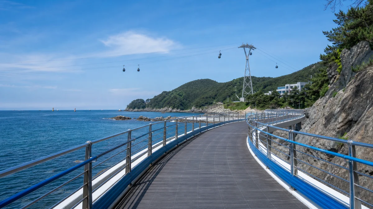 송도구름산책로의 바다 위 곡선 데크와 난간, 해안 바위가 보이는 접근 동선