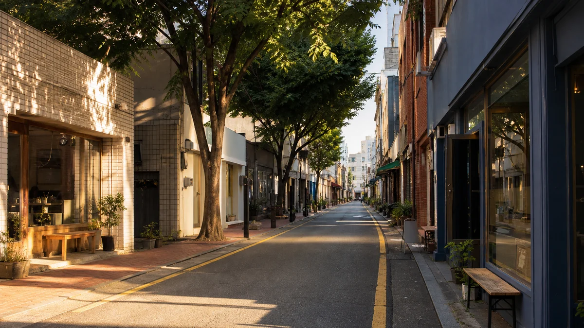 광주 도심 공원의 조용한 보행로와 도시 실루엣이 보이는 여름 저녁