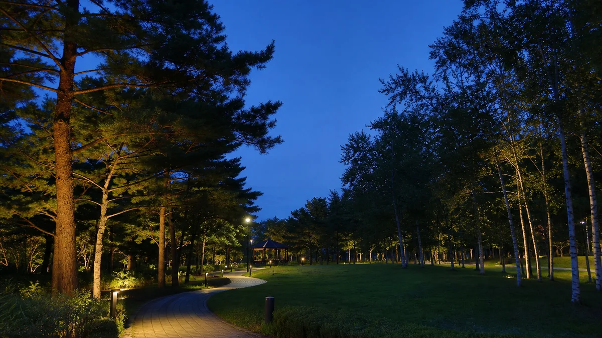 홍천 토리숲의 산책로와 잔디, 소나무·자작나무가 보이는 초저녁 풍경