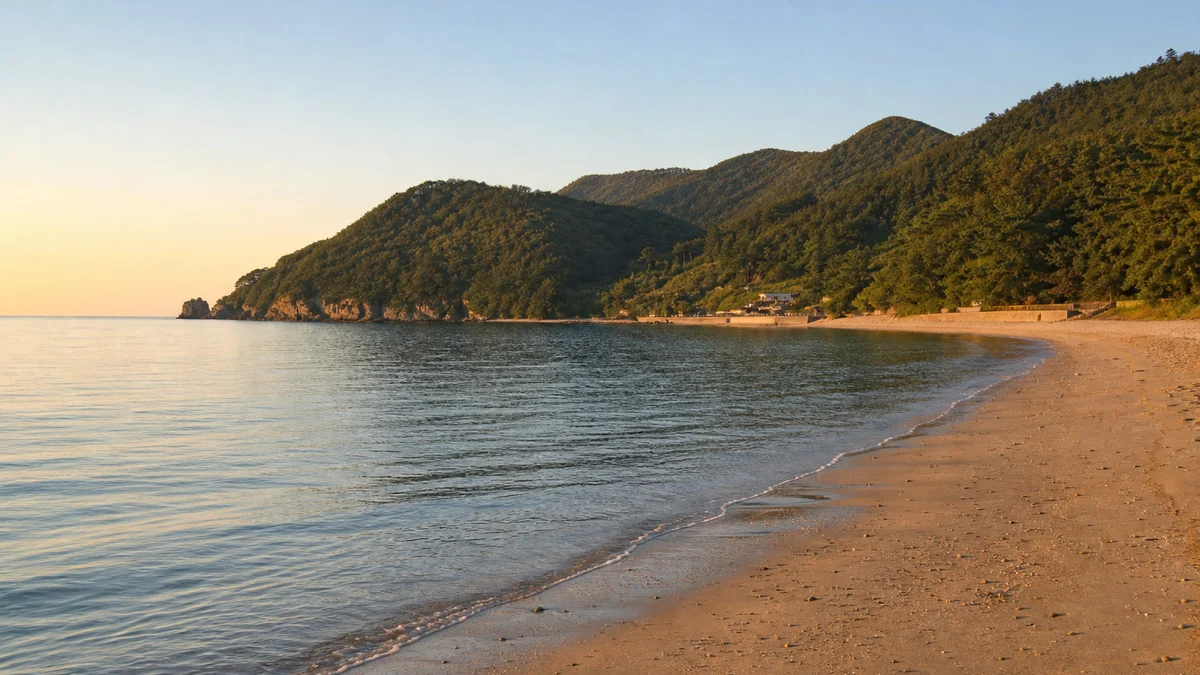 사량대항해수욕장에 내려앉은 늦은 오후 햇빛과 잔잔한 만, 해변 뒤 산 능선