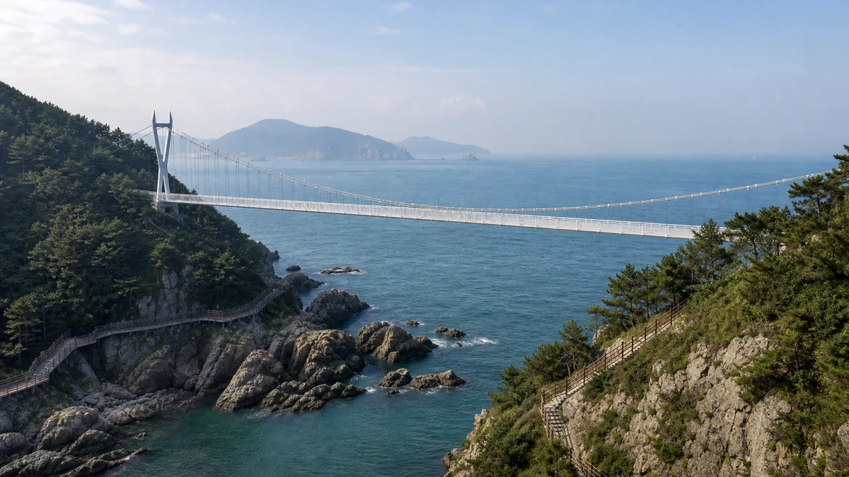 암남공원 해안 암반과 송도용궁구름다리, 진입로가 함께 보이는 핵심 장면