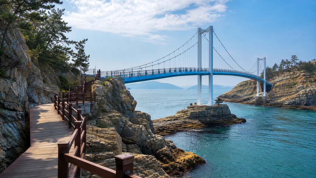 암남공원 해안 암반과 송도용궁구름다리, 진입로가 함께 보이는 핵심 장면