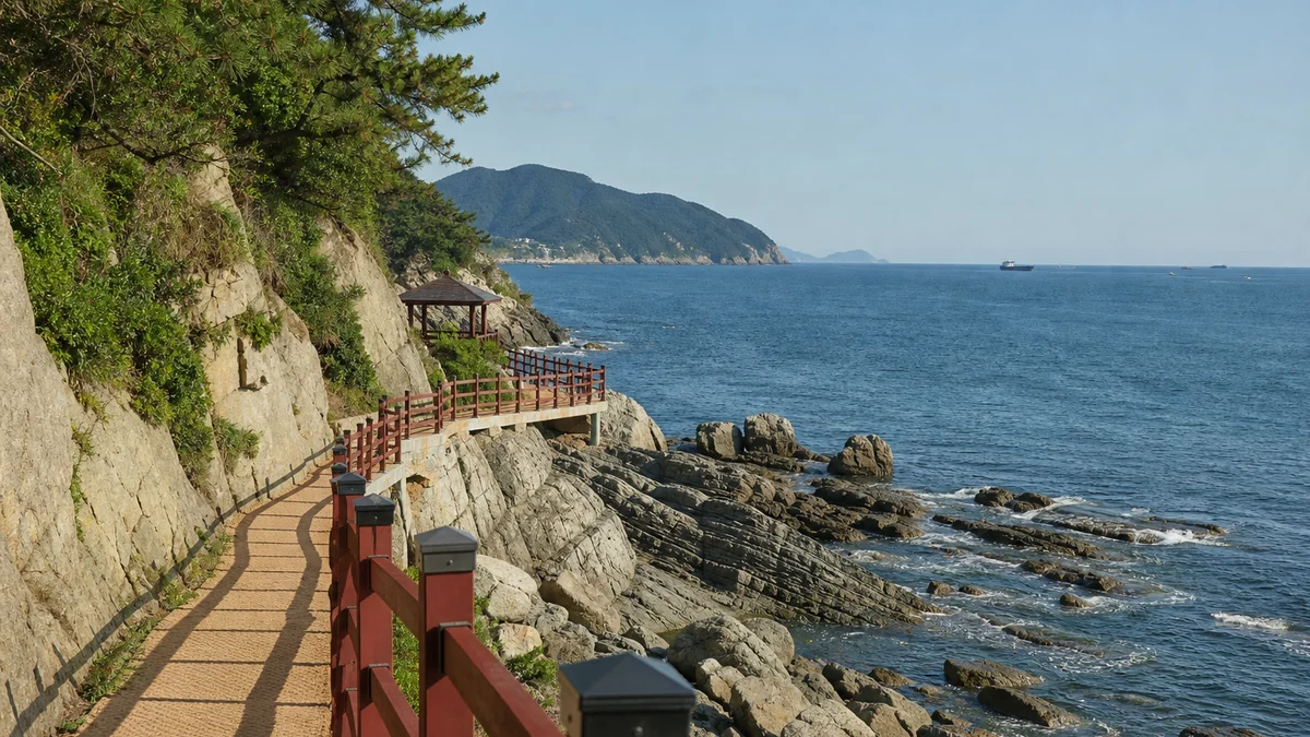 송도해안볼레길의 붉은 난간과 쉼터, 해안 식생과 바다가 보이는 주변 공간