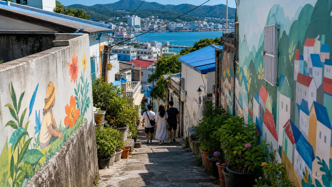 Summer scenery of Dongpirang Mural Village alley in Tongyeong with murals and sea view